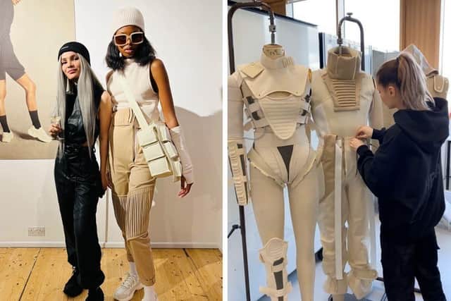 Amalia pictured with her final designs.