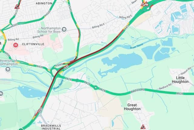 There are long delays on the A45 between Northampton and Wellingborough due to a collision. Photo: AA Traffic.