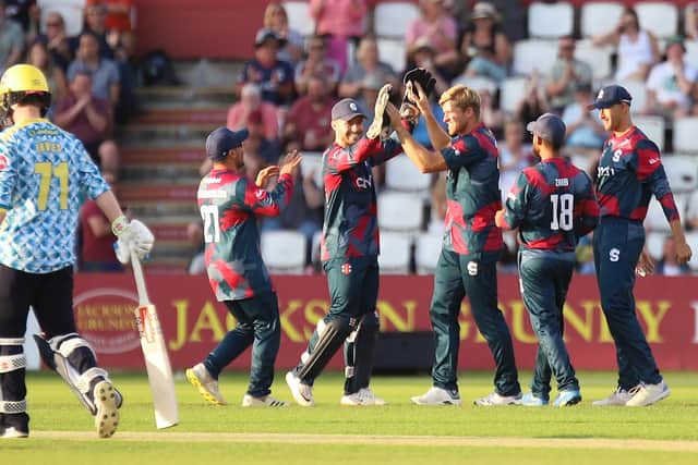 David Willey and his Steelbacks team-mates celebrate the first-ball dismissal of England's Moeen Ali in the win over the Bears (PIcture: Peter Short)