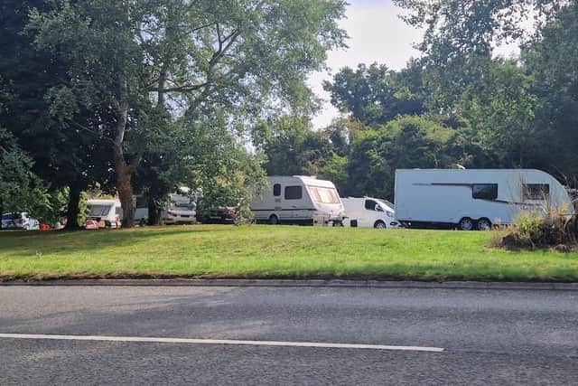 Travellers have reportedly been parked up on green space where Rowtree Road meets Towcester Road in  Hunsbury for over a week.