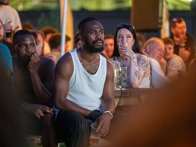 Fans watching England’s 0-0 draw with Ghana in the garden of The Black Prince in Northampton on Tuesday, June 23, 2026. Photo by David Jackson.