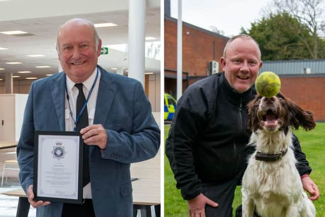 Shaun Johnson (left) and PC Ian McDonald (right) with Police Dog Alfie.