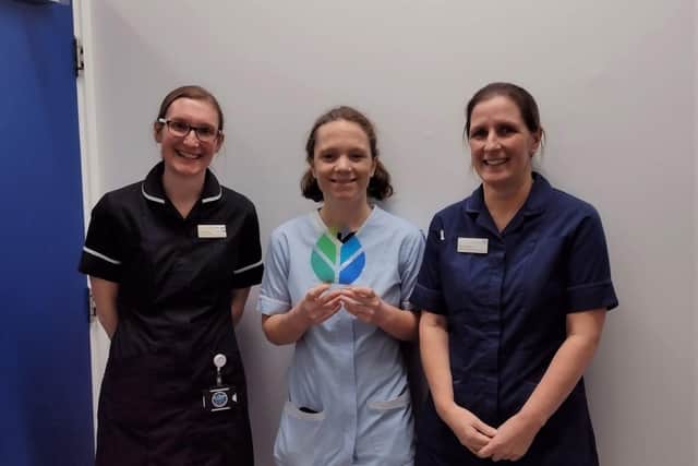 L-R Associate Director of Infection Prevention & Control, Holly Slyne, Personal Protective Equipment Co-ordinator, Jasmine Lowdon, and Matron for Infection Prevention and Control, Ros Pound.