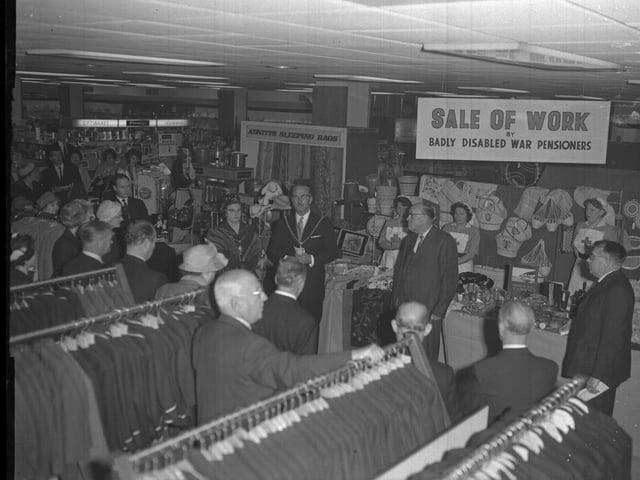 Sale of work by badly injured war pensioners at Adnitts, The Drapery, Northampton in early 1960s