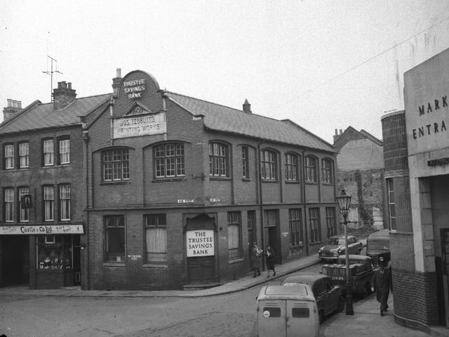 Drapery, Northampton and Jos Tebbutt's Printing Works building and entrance to the Fish Market, February 11, 1959
