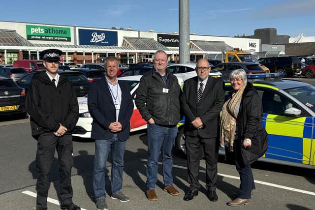 Chief Inspector James Willis, Neil Cowley and Paul Franks from the Northamptonshire Business Crime Partnership, Sergeant Sharan Wildman and Boots manager John White at the launch of the new strategy in Corby. Image: National World
