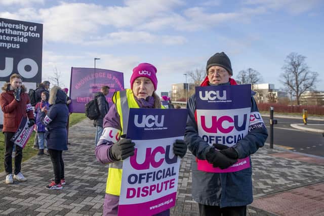 Senior lecturer in English, Phillippa Bennett, and senior lecturer in design, Friedemann Schaber at the UCU strike outside UoN yesterday.