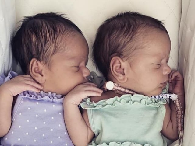 Aveah Frankie and Alyssa Terrie born at 36 weeks on June 6 at 12.52pm and 12.53pm at Northampton General Hospital. Aveah weighed 5lbs 6oz and Alyssa weighed 5lbs 7oz.