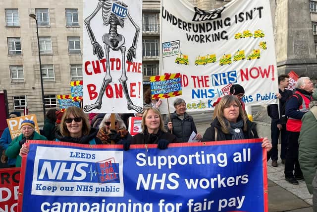 Junior doctors were joined by campaign group “Keep Our NHS Public” who flew banners and held placards that read “Underfunding isn’t working” and “Where are our new hospitals?”.