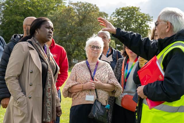 Police, Fire and Crime Commissioner Danielle Stone (centre) and Deputy Commissioner Marianne Kimani (left) speak with Eastfield residents during their visit
