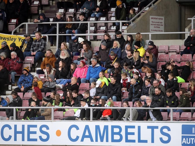2022: Part of the crowd of 838 look on during the East Midlands Women's Regional Football League Premier Division match between Northampton Town Women and Loughborough Students Women at Sixfields on March 13, 2022 in Northampton, England. (Photo by Pete Norton/Getty Images)