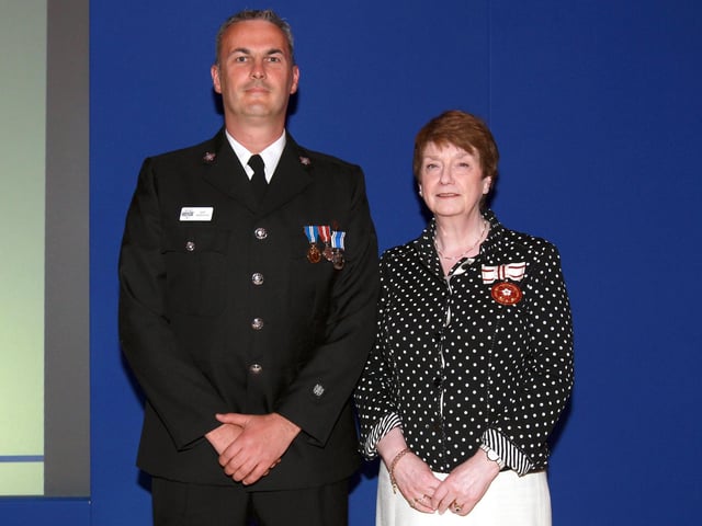 2013 - Northamptonshire Police Long Service awards ceremony takes place at their Headquarters, Wootton Hall, Northampton. Constable Gary Sanderson, presented by Deirdre Newham.