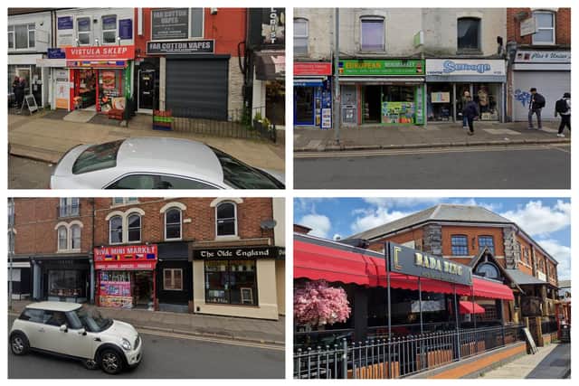 Businesses under review this month by West Northamptonshire Council: Mini Europe Food Plus (Vistula Sklep) (top left), Bada Bing Lounge (bottom right), Gustul de Acasa (top right), and Viva Mini Market (bottom left).