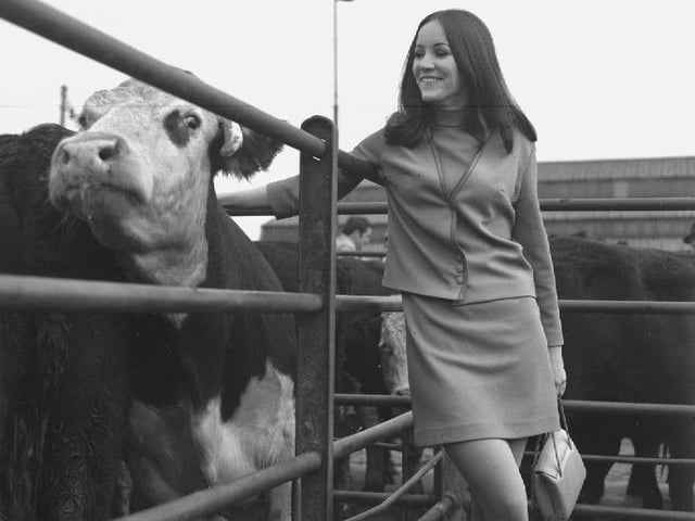 Miss Ireland at the Cattle Market, October 4, 1968. According to Wikipedia this is June MacMahon who later represented her country in the Miss World pageant, finishing in the top 15.