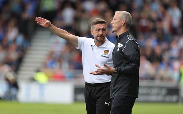 Cobblers boss Jon Brady makes his point to fourth official Dean Treleaven during the Sky Bet League One match between Northampton Town and Wycombe Wanderers at Sixfields on September 02, 2023 in Northampton, England. (Photo by Pete Norton/Getty Images)