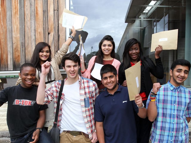 2012 - A level results at Northampton Academy, of Wellingborough Road, Northampton. Back L-R Wahida Haque, Bhavistta Gorania and Esther Ogunsanmi. Front L-R Tosin Sorunke, Alex Pollard, Ronak Datta and Hitexh Gorania.