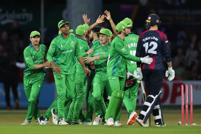 Leicestershire Foxes celebrate their final ball victory over the Steelbacks