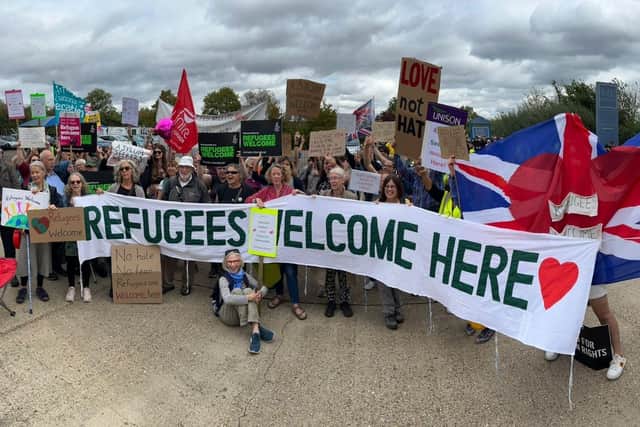 Around 100 protesters took part in a pro-immigration demonstration outside the MK Hotel, in response to an anti-immigration demonstration which was attended by around 50 people