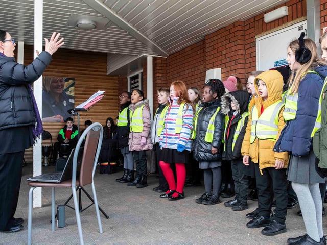 Abbey Primary School's choir and African drumming group took to Tesco Mereway on March 31, 2022 to raise money for the British Red Cross.