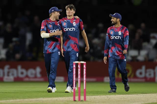 Skipper David Willey congratulates a relieved Raphy Weatherall after his final-over heroics against Worcestershire Rapids on Friday  (Photo by David Rogers/Getty Images)
