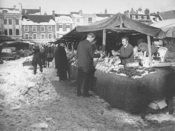 A snow covered Market Square, Northampton, 1970