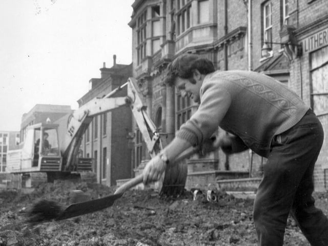 Greyfriars bus station being built 1970s, clearing land by shovel