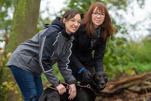 BN - SGB-9940 - Vicky and Vivianne at Barratt Homes walking a dog at Wellidog