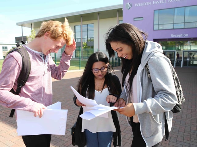 2014 - GCSE results Weston Favell, Northampton. L-R Matthew Masters, Isha Mistry and Pamela Bennett.