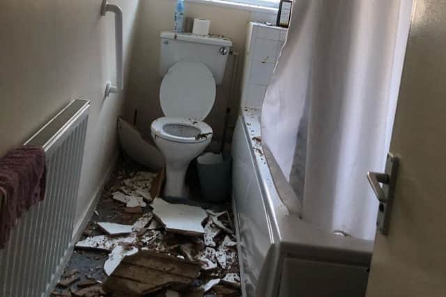 Debris from the ceiling, which Miatta had to clean up herself