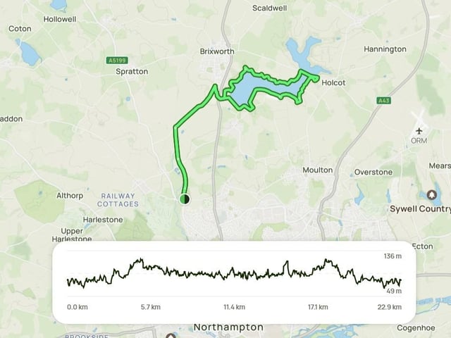 Enjoy this 22.9-km circular trail near Northampton, Northamptonshire – a challenging route with 462m of elevation gain, typically taking around 5 hours and 38 minutes to complete. Ideal for hiking, mountain biking and running, the trail is usually quiet and open year-round, offering scenic views in any season. This rewarding countryside and waterside route follows the Brampton Valley Way alongside the old railway line, joins Merry Tom Lane, and continues to Brixworth before looping around Pitsford Water and returning to the start. Expect a mix of terrain, from peaceful paths to rougher sections and stretches along roads. Wildlife sightings are common, and the views are well worth the effort. Sturdy, waterproof footwear is recommended, especially in wet conditions.