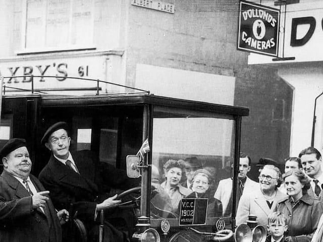 The one and only Laurel and Hardy in a car outside Albert Place. Year unknown.