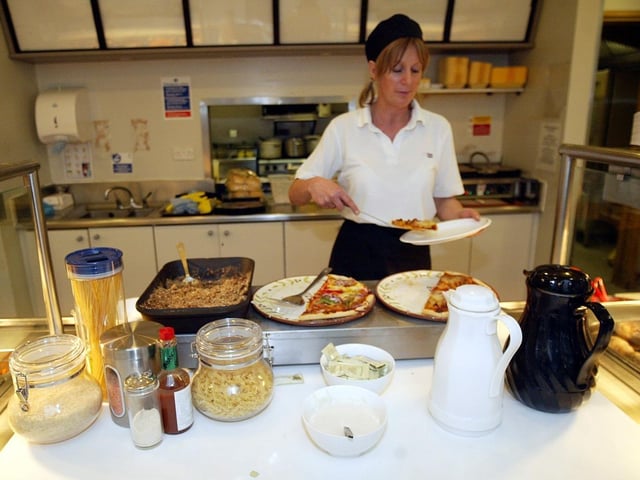 University of Northampton students learning about how to eat healthily on a budget. Pictured: Jo Galibardi, catering assistant, showing some of the choices available at the Park Restaurant on the University's Park campus.
