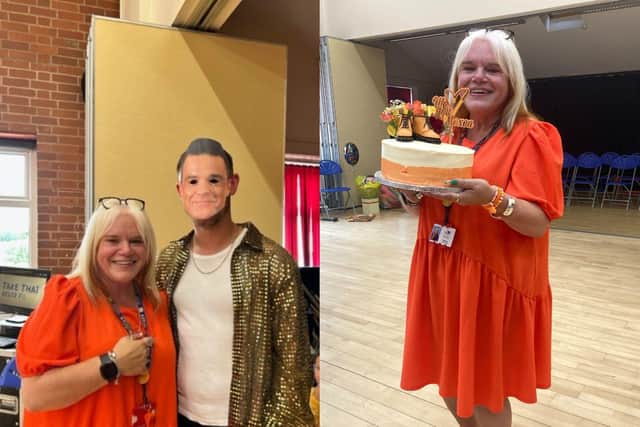 Tracey, left, with her beloved Robbie Williams (or at least a staff member with a Robbie mask on) and right with a cake organised by parents.