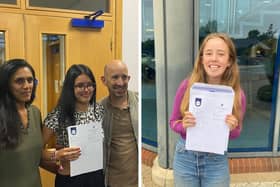 Alessia Emanuele (left) and Harriet Williams (right) from Northampton High School collect their results.