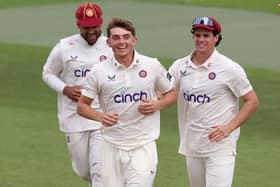 James Sales celebrates with his Northants team-mates after taking the wicket of Chris Benjamin (Photo by David Rogers/Getty Images)
