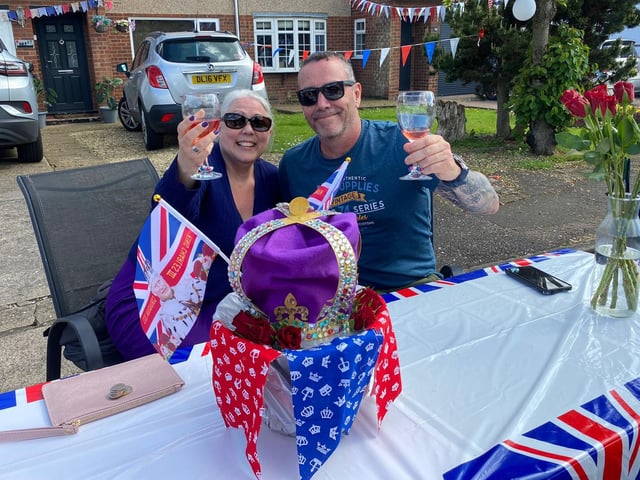 Jackie and John Flanders, celebrated the King's coronation at the Barnard Close street party with their fantastic crown centerpiece!