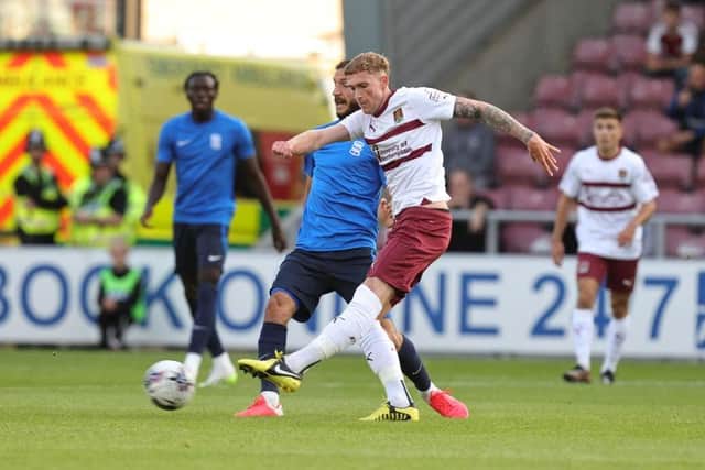 Mitch Pinnock takes a shot at goal during Wednesday's friendly between Northampton Town and Birmingham City. Picture: Pete Norton / Getty
