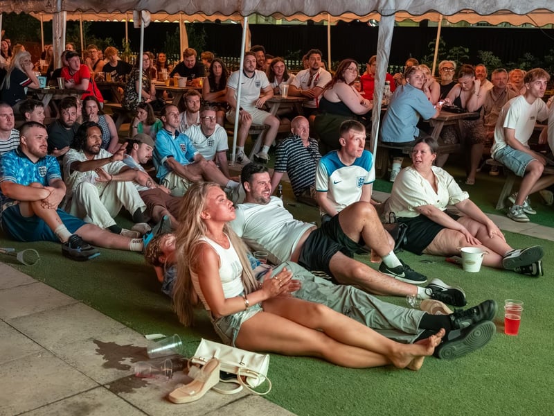 Football fans watching England vs Panama in the garden of The Black Prince in Northampton on Saturday, June 27, 2026. Photo by David Jackson.