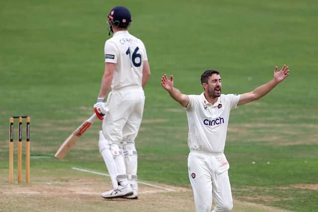 Ben Sanderson celebrates after taking the wicket of Kent's Zak Crawley (Photo by David Rogers/Getty Images)