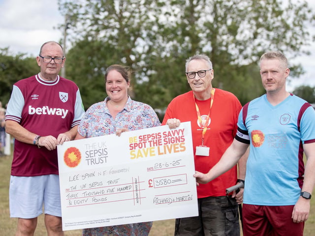 Richard Abrahams and Martin McBrien walked 70 miles from Sixfields Stadium to West Ham in aid of The UK Sepsis Trust. They presented a cheque of how much they raised at the charity football tournament.