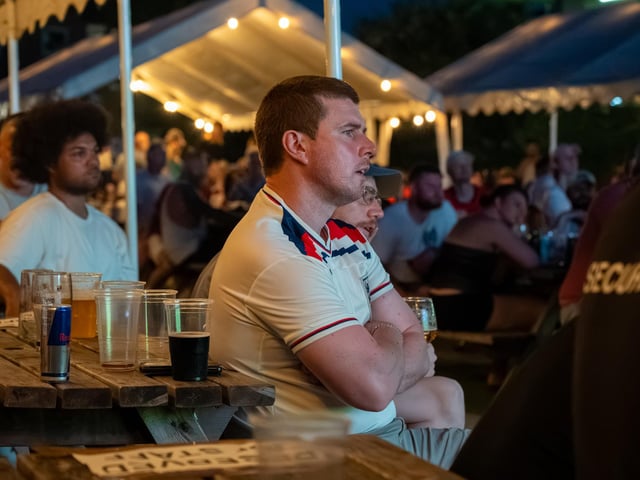 Fans watching England’s 0-0 draw with Ghana in the garden of The Black Prince in Northampton on Tuesday, June 23, 2026. Photo by David Jackson.