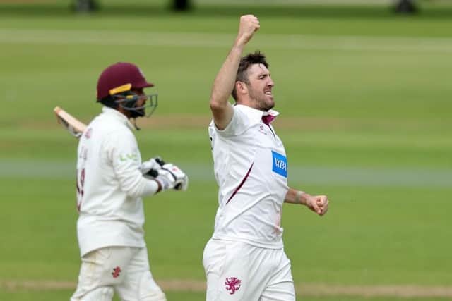 Somerset's Craig Overton celebrates after taking the wicket of Northants' Saif Zaib at the County Ground (Picture: David Rogers/Getty Images)
