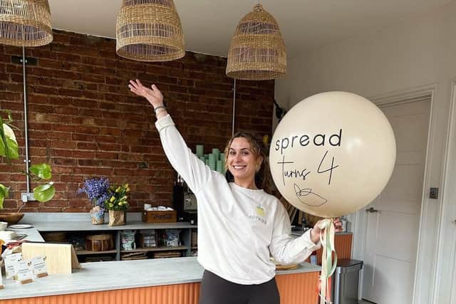 Business owner Amy Adams celebrating Spread's fourth birthday earlier this year.
