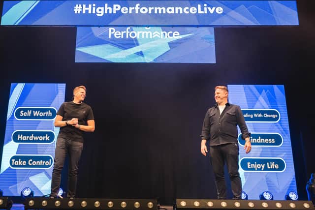 Jake Humphrey and Damian Hughes on stage (photo: Richard Jarmy Photography)