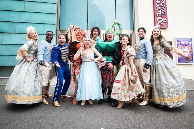 The cast for this year's pantomime Cinderella outside the theatre