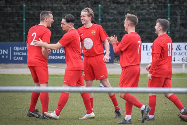 ON Chenecks Reserves celebrate a goal in their 4-1 UCL win over Milton Keynes Irish Reserves on Saturday (Picture: Richard Eason)