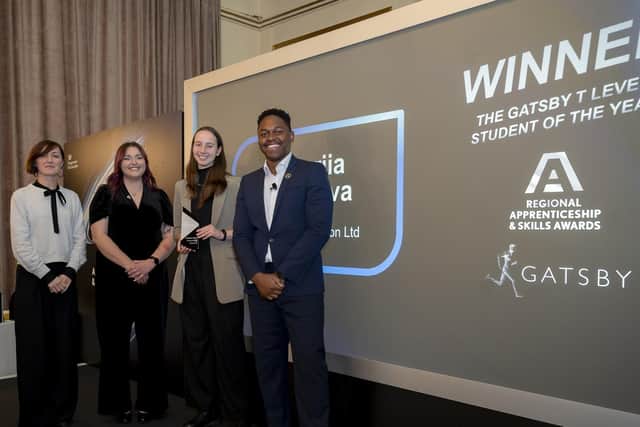 Viktoriia with her East Midlands T Level Student of the Year Award and representatives from the National Apprenticeship and Skills Awards