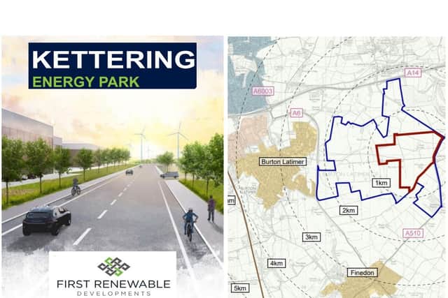 An artist's impression of the proposed Kettering Energy Park and a plan of the site/ First Renewable Developments