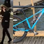 Police want to speak to the two people (left) after this bike (right) was stolen from Northampton town centre.
