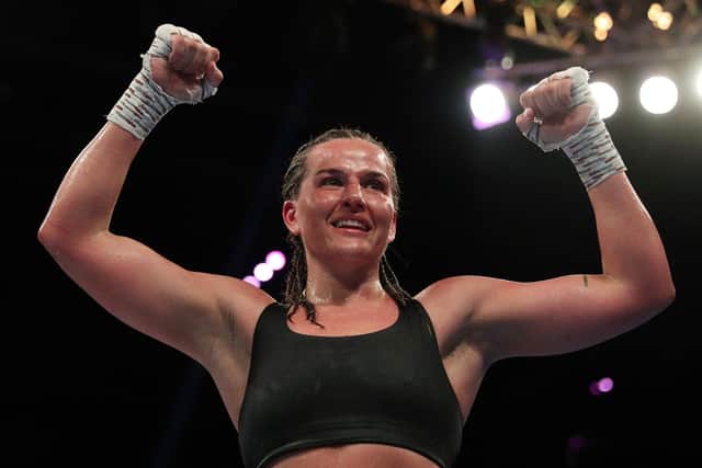Chantelle Cameron celebrates her comeback victory against Elhem Mekhale in Birmingham earlier this year